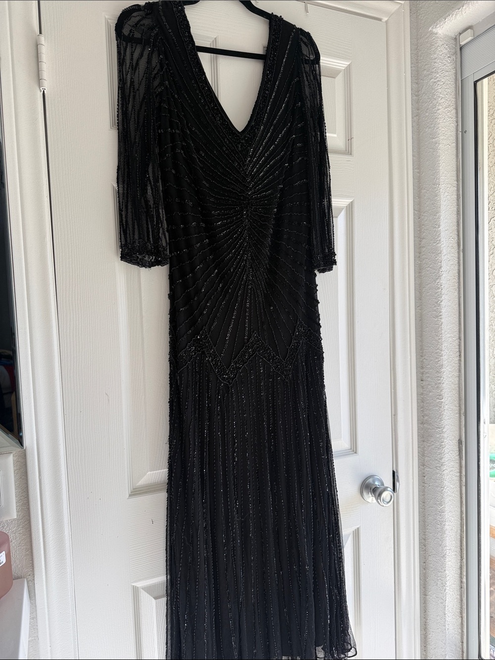Pisarro nights Black Beaded V-Neck Evening Dress